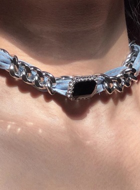 牛仔蓝布重工金属链条黑色水晶土星锁骨链多巴胺颈链项链