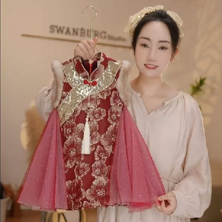小童女童旗袍加绒连衣裙拜年礼服年服女宝小孩6个月1-3岁可爱初冬