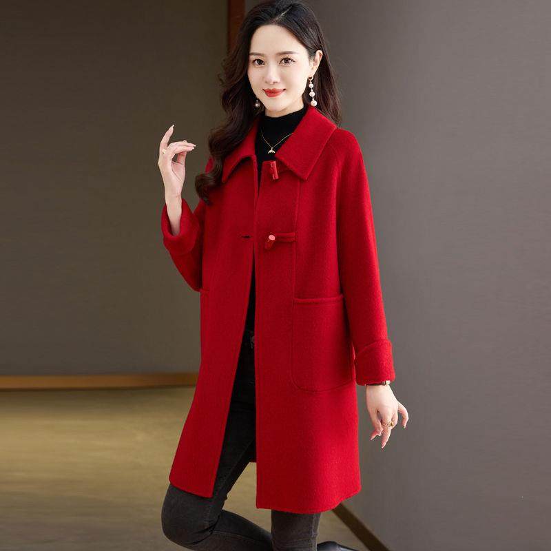 高级感喜婆婆冬季装新款红色结婚妈妈羊绒双面呢大衣外套女士网红