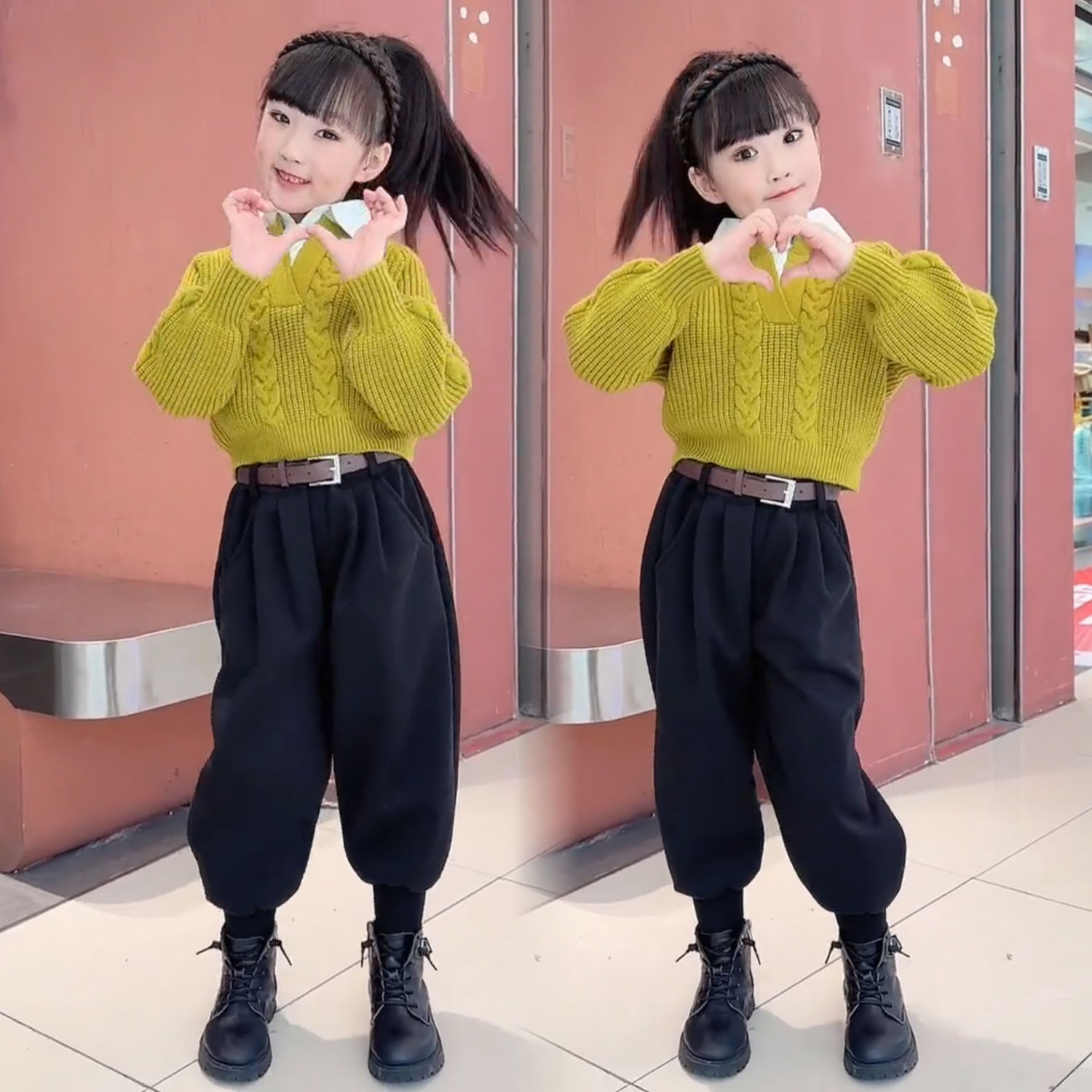 女童韩版时髦衬衫毛衣加绒萝卜裤套大童加肥加大女孩穿的简单大方