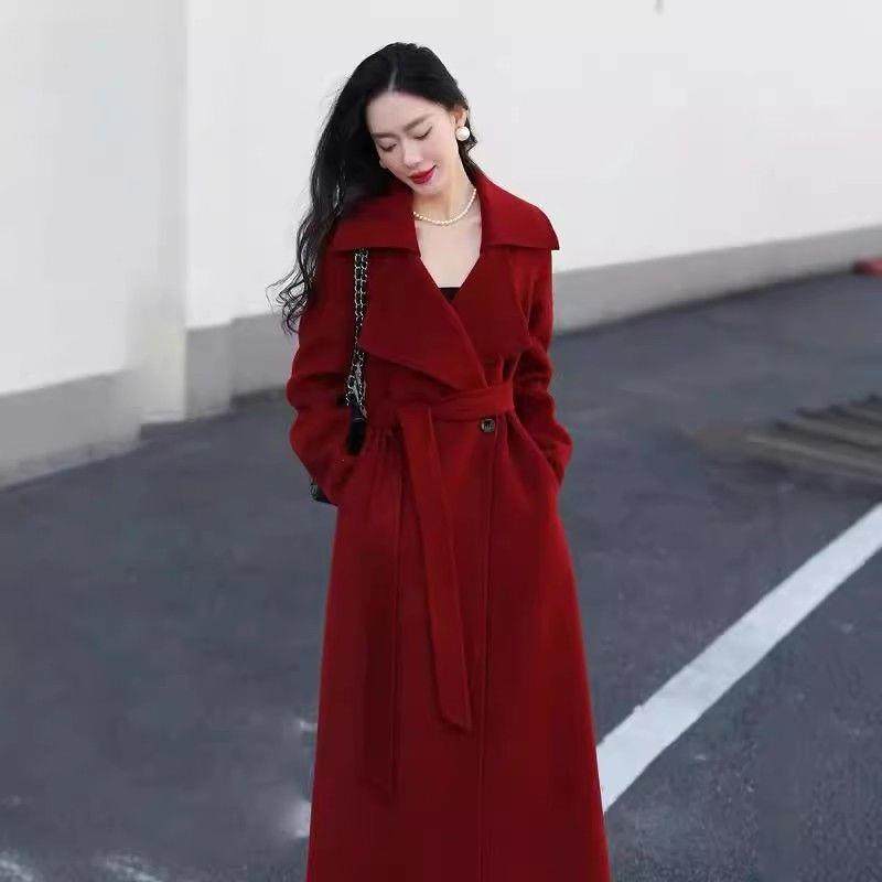红色双面羊绒大衣女中长