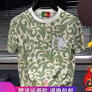 弹力上 千里马轻奢轻奢严k选风潮男士 薄款 亮片G圆领短袖 T恤25夏季