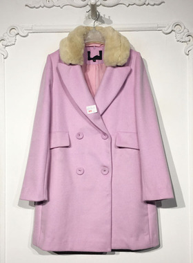 N系列 D80958 时尚真毛领长款毛呢外套品牌女装折扣颦薪
