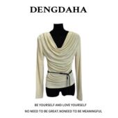 美式 DENGDAHA{美学沉淀}长袖 上衣T恤复古风潮流款 简约堆堆领Z902