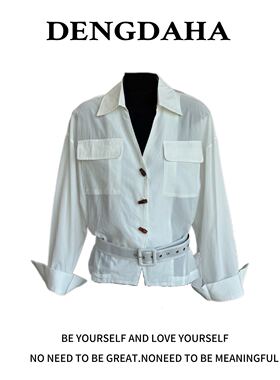 DENGDAHA{律政佳人} 休闲衬衫双口袋翻领白色腰带装饰纽扣U908