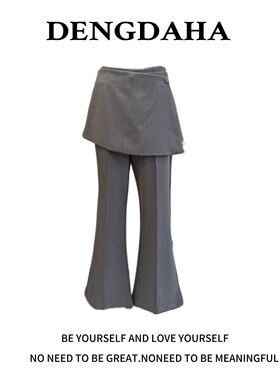 DENGDAHA{别样时髦}高腰显瘦灰色修身经典西装裤美式复古微喇T518