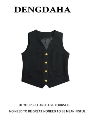 DENGDAHA{浪漫花稿}复古风女装V领无袖单排扣A307