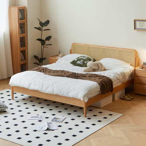 WA009藤编实木床橡木双人大床卧室北欧家具简约民宿床侘寂风床