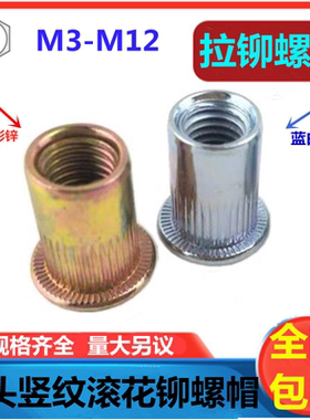 拉铆螺母GB17880.1平头圆柱竖纹滚花铆螺母M3M4M5M6M8M10M12 铁质
