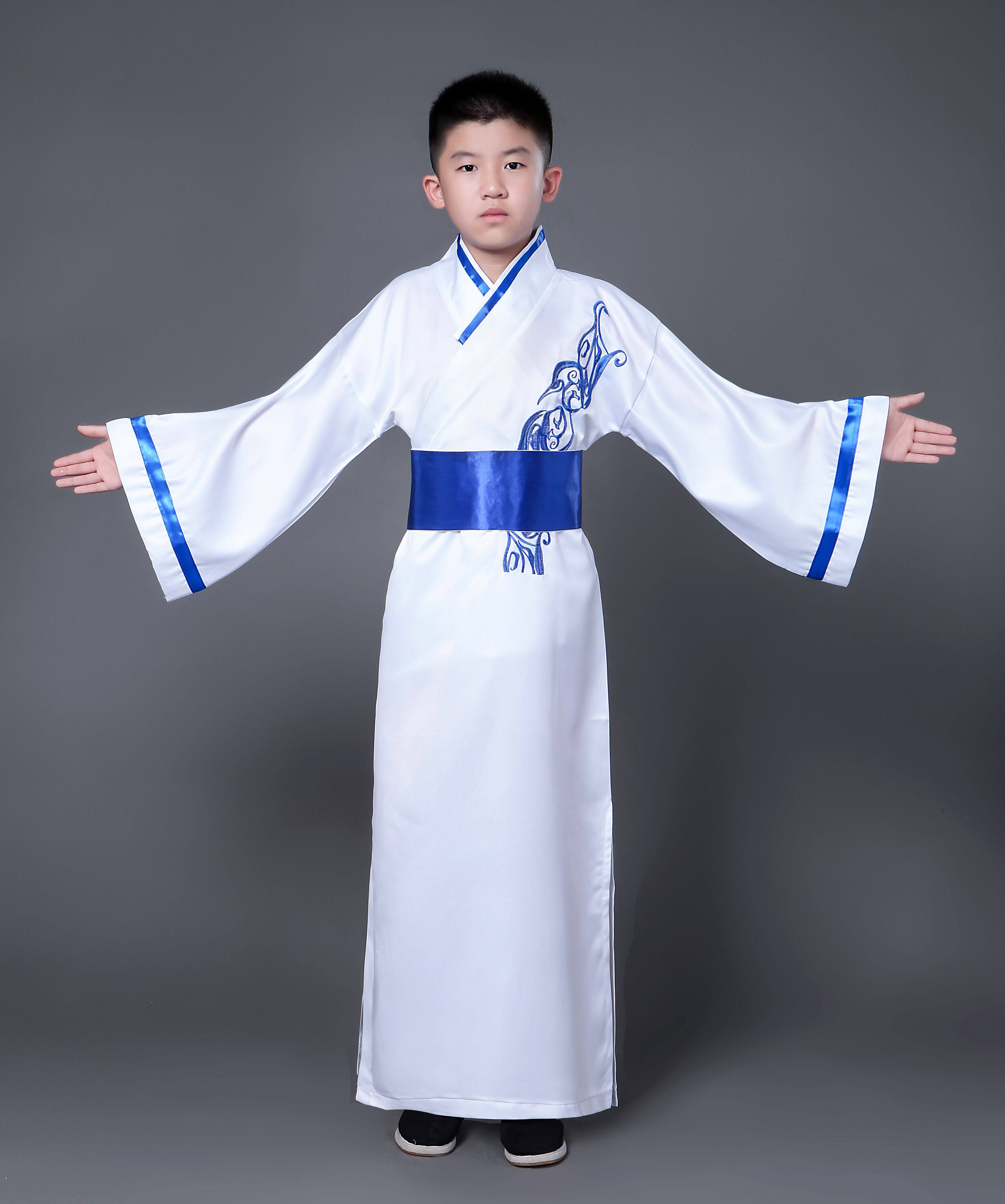 儿童古装汉服国学书童服装男女童古筝表演三字经弟子规朗诵演出服