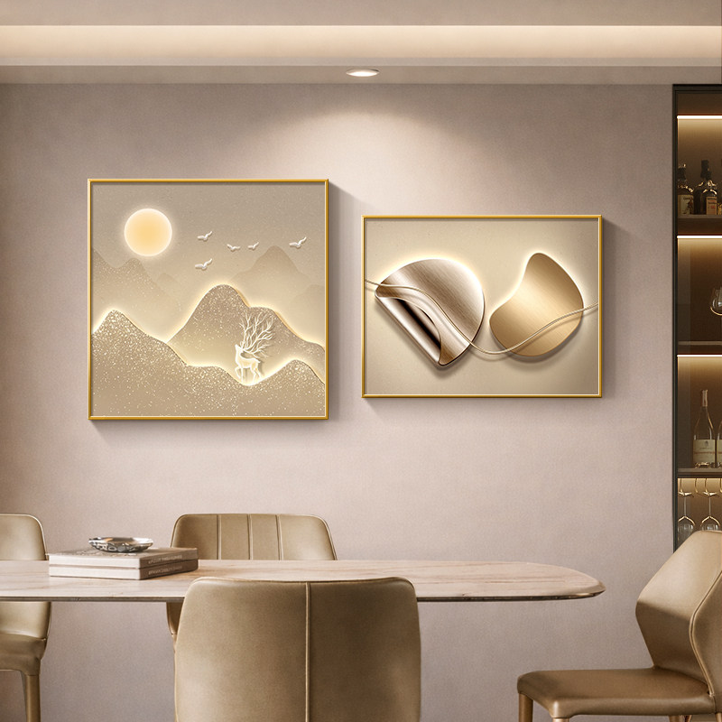 日照金山餐厅装饰画2026新款客厅餐桌挂画寓意好石来运转两联壁画