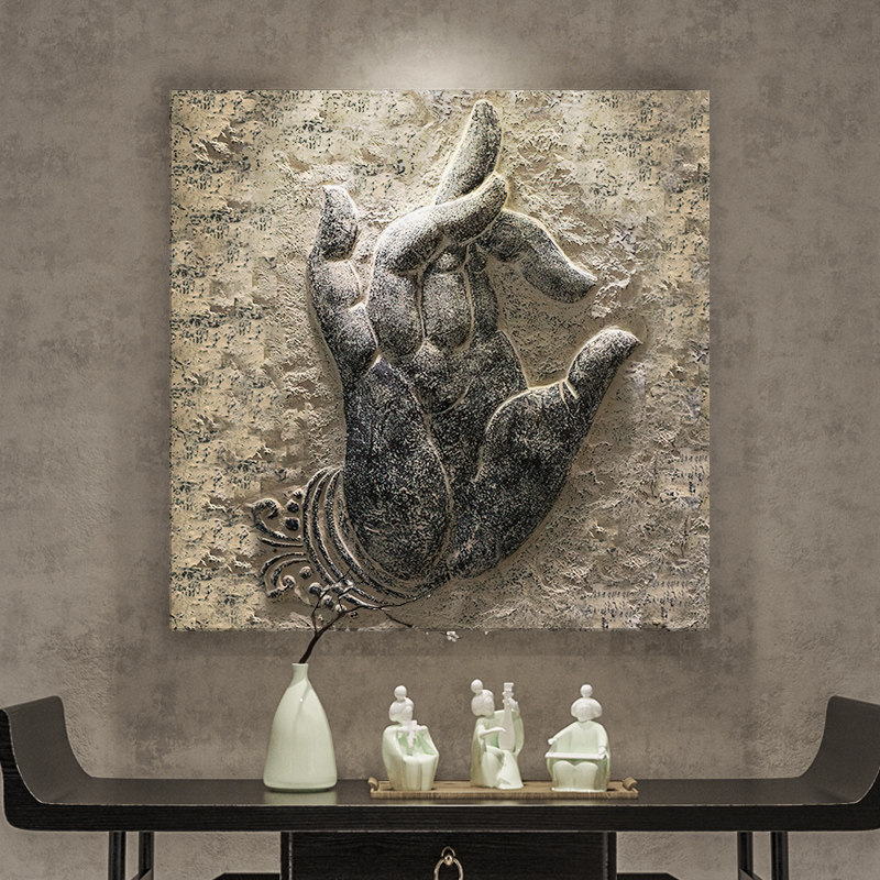 佛手新中式玄关装饰画茶室禅意酒店正对门挂画走廊过道壁画客厅画