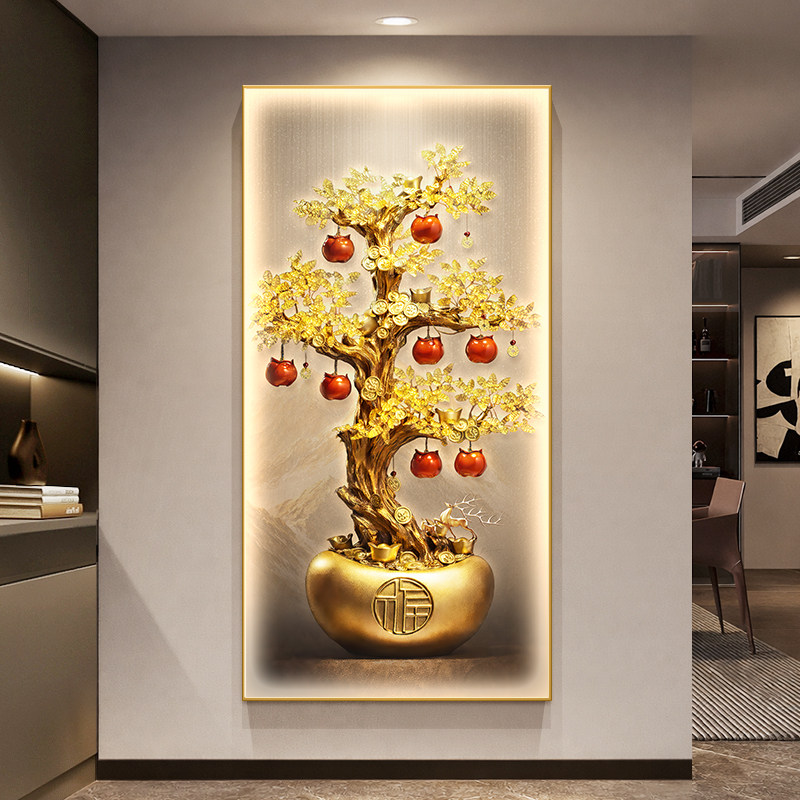 led招财进宝玄关装饰画入户正对门走廊过道壁灯画发财树竖版挂画