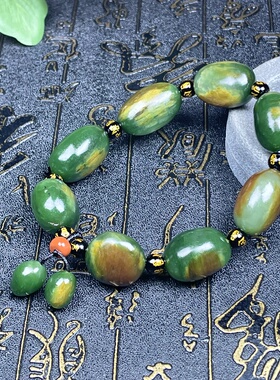 正宗和田玉俄碧玉籽料手串七号坑老料手链 颗颗辣绿饱满独籽留皮