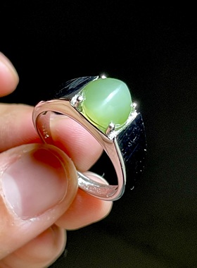 收藏级纯天然银镶俄碧戒指 冰底猫眼无黑点蛋面 设计款碧玉指环