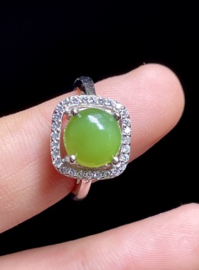 新款和田玉碧玉方糖开口戒 纯银镶满钻设计款戒托 活口易调节手饰