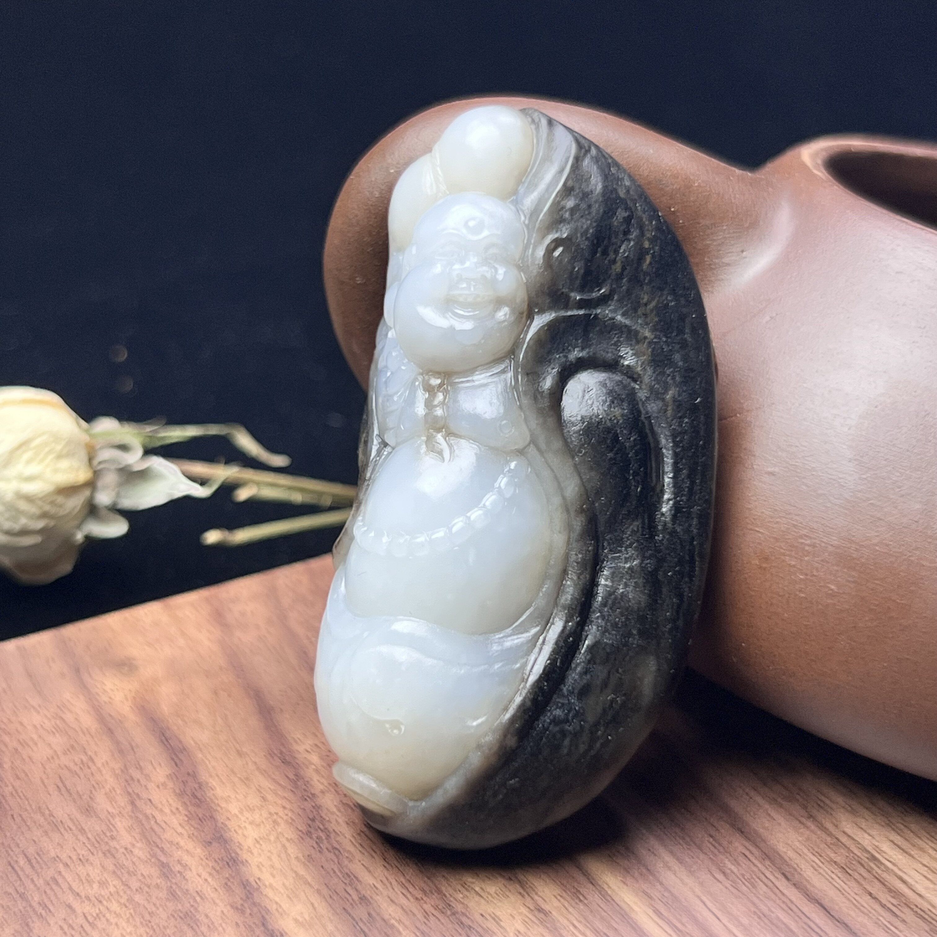 孤品【和田玉·佛公】纯手工雕刻金包玉佛公吊坠 黑红皮三色精品
