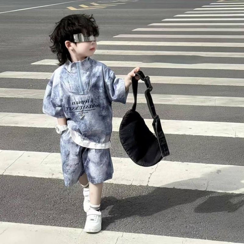 男童夏装2025新款套装儿童夏季扎染polo衬衫短袖短裤韩版两件套潮