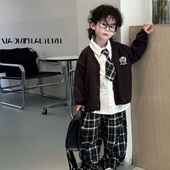 格子裤 男童秋季 三件套潮 韩版 宝宝学院风线衣外套衬衫 套装 2026新款