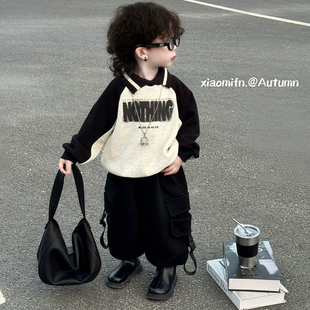 男童秋冬加绒套装2026新款儿童帅气时髦宝宝卫衣男孩工装裤两件套