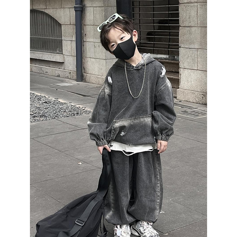 男童春秋款牛仔套装2025新款韩版儿童长袖做旧宝宝春季两件套潮酷