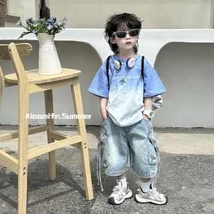 夏2025新款 渐变短裤 儿童夏季 t恤韩版 帅气时髦两件套 短袖 男童套装