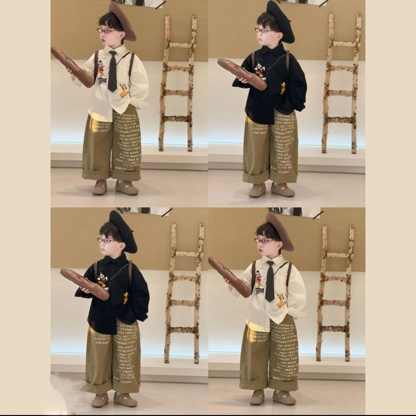 男童秋季套装2025新款韩版儿童米奇印花衬衫上衣做旧印花字母裤潮