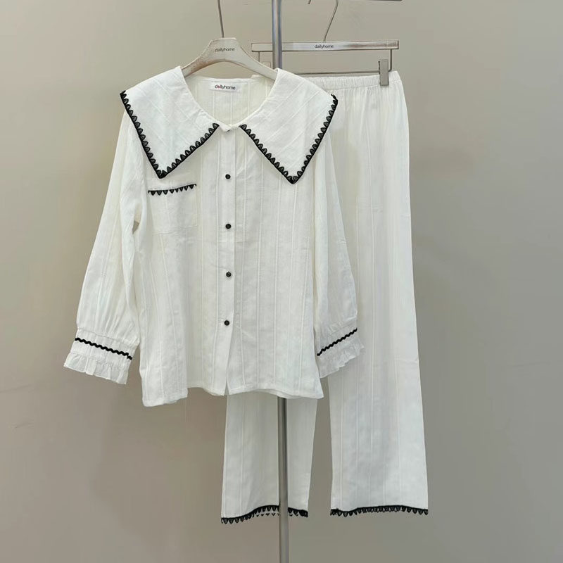 Daily home韩国代购春夏季纯色甜美长袖长裤棉纱布家居服睡衣套装