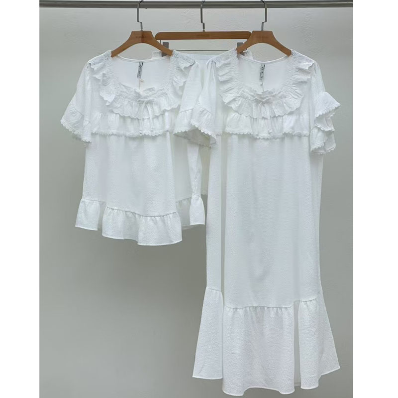 韩国LUNALUZ代购睡衣女夏情侣甜美公主白色短袖裤家居服套装睡裙