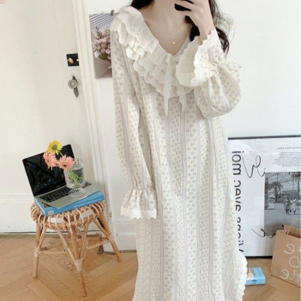 韩国ins女春秋季双层棉纱甜美碎花领喇叭袖蕾丝长袖连衣裙睡裙女,女士内衣/男士内衣/家居服,睡袍/浴袍,淘宝优惠券,粉丝福利购,淘宝优惠卷