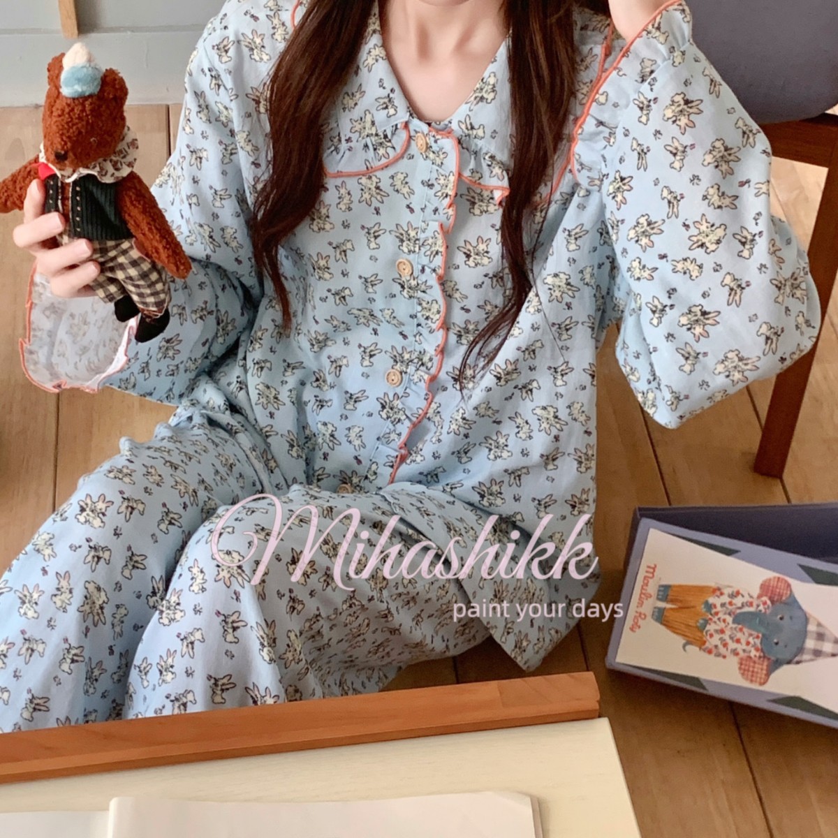 韩国全棉婴儿双层棉纱睡衣套装女