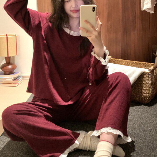新年红色毛巾布花边睡衣套装女