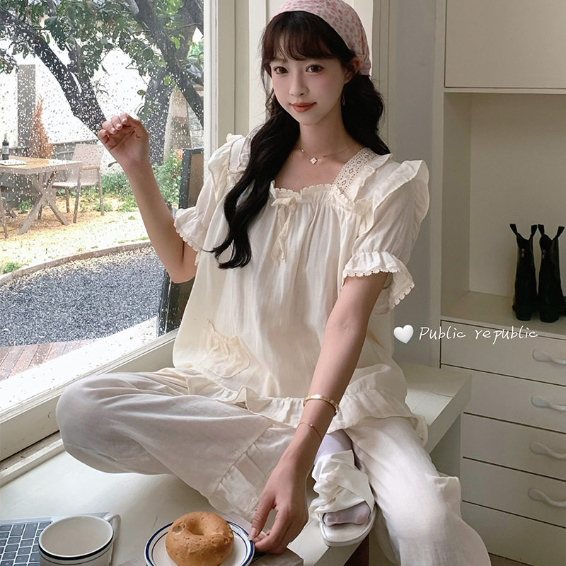 韩国原创夏季新甜美花边蝴蝶结短袖长裤公主睡衣双层棉纱家居服女