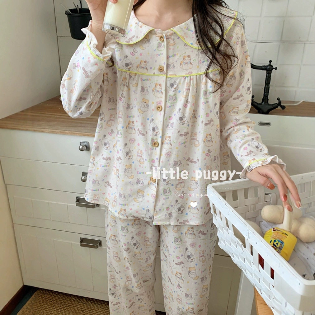 秋冬纯棉磨毛拉绒娃娃领女睡衣
