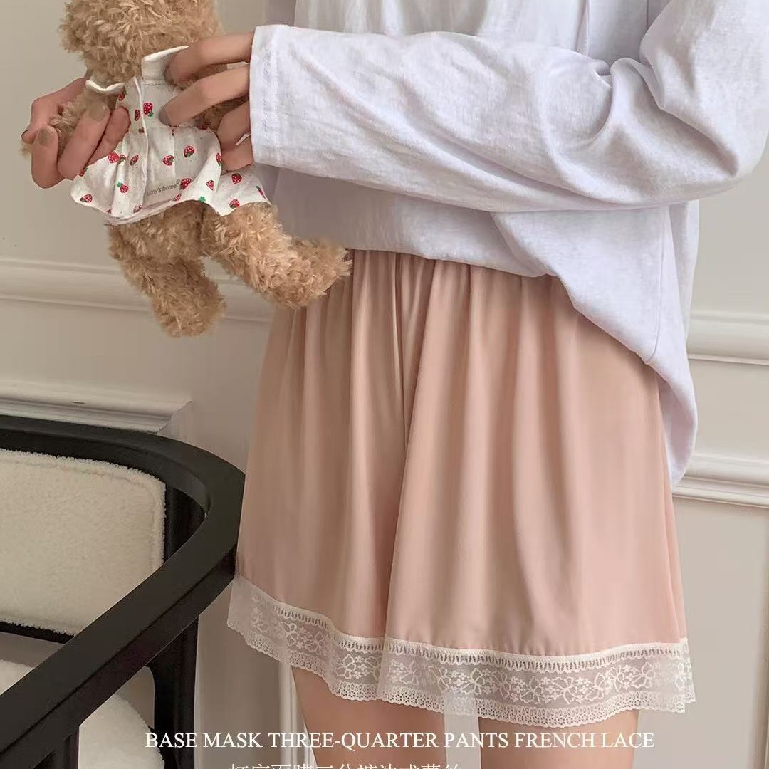 夏季纯色法式蕾丝可外穿睡裤女