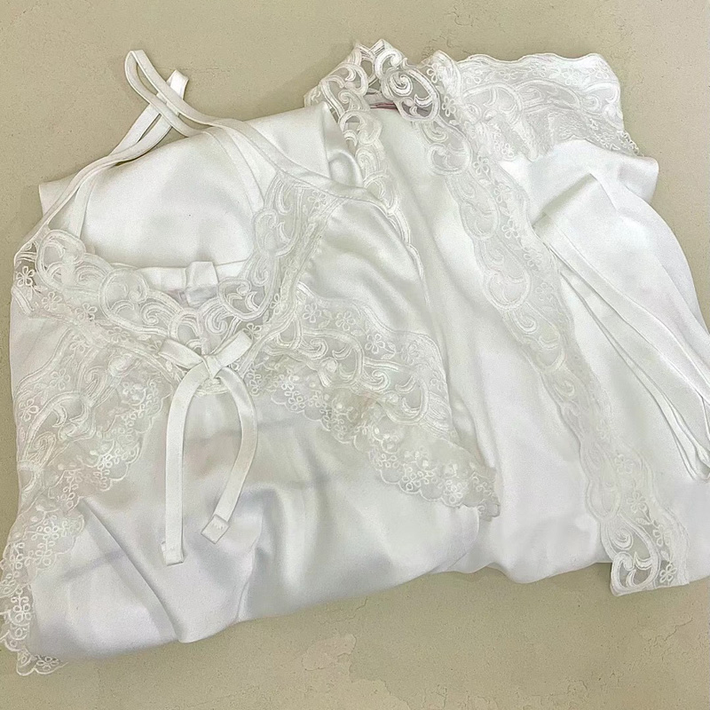 韩国东大门代购Lunaluz睡衣性感甜美冰丝白色女家居睡裙两件套装