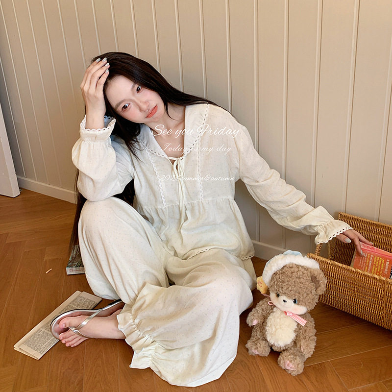 甜美海军领香草波点睡衣套装女