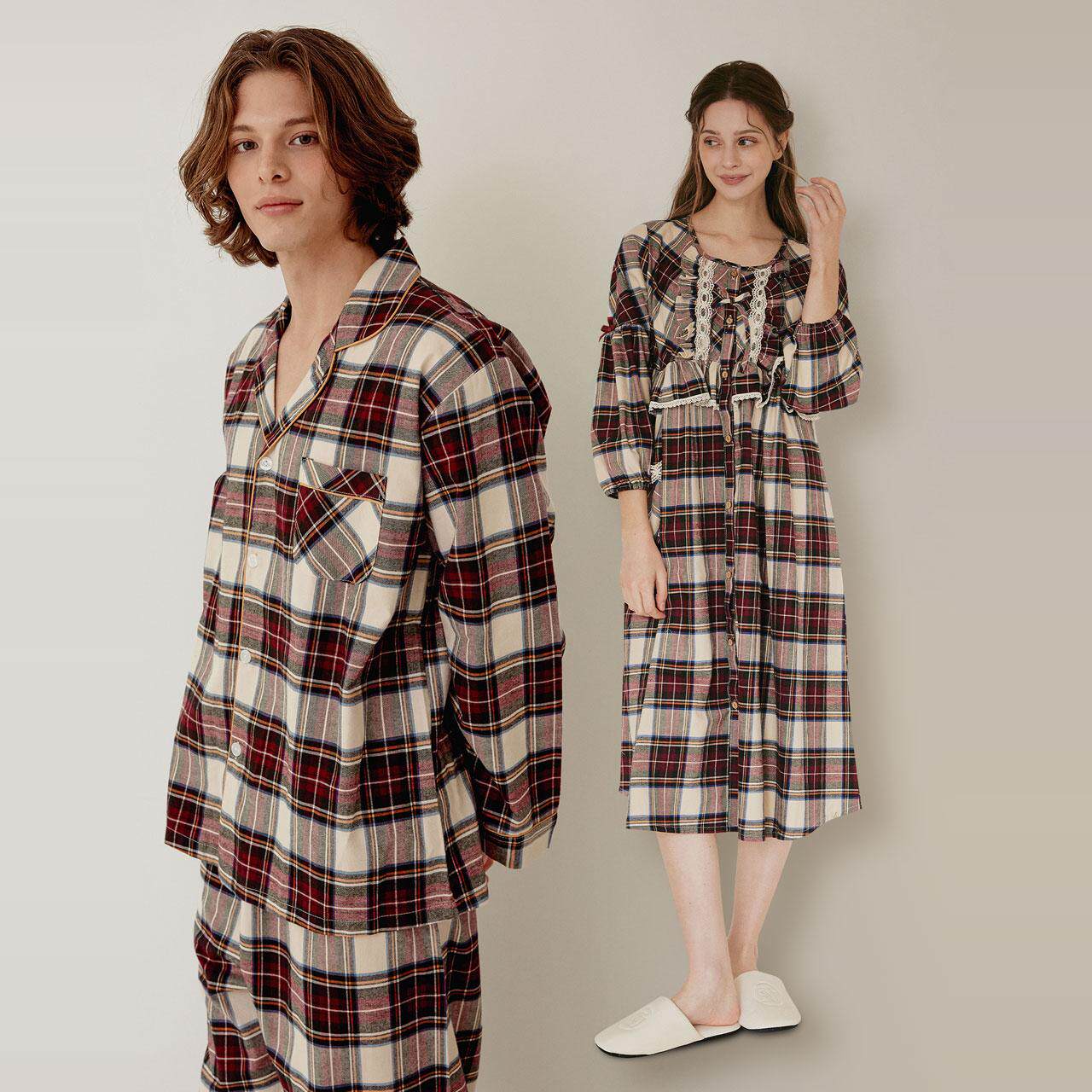 LUNALUZ韩国东大门睡衣情侣男女纯棉格子简约长袖家居服套装睡裙