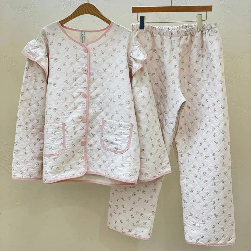 LUNALUZ韩国2023冬季甜美小碎花圆领长袖夹棉厚睡衣家居服套装女