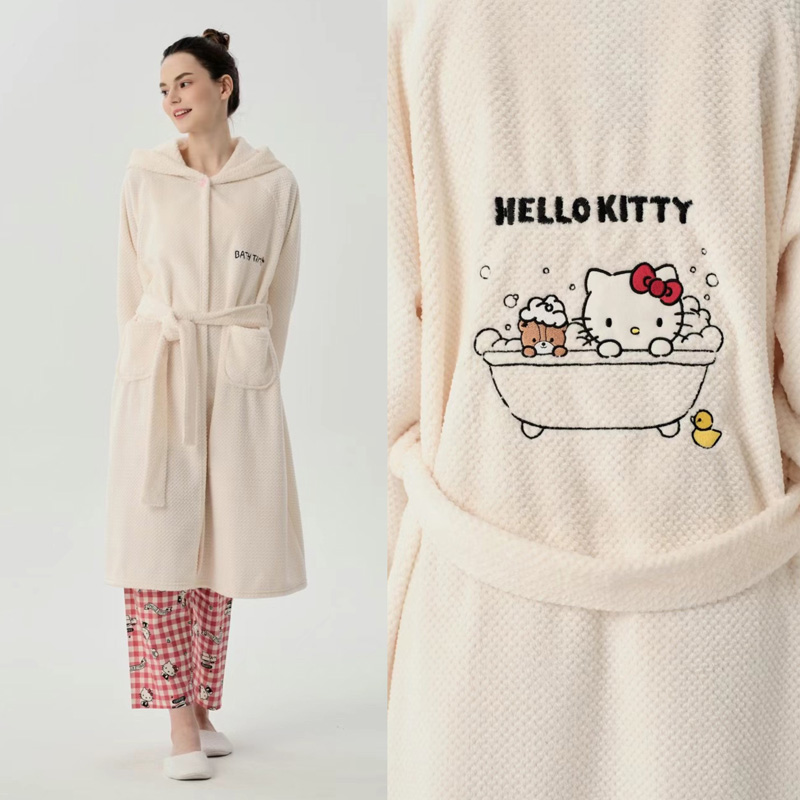 韩国HelloKitty冬厚绒女连帽睡袍