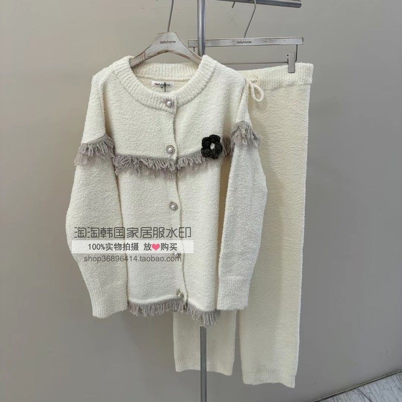 Daily home韩国东大门冬纯色甜美长袖裤厚绒保暖家居服睡衣套装女