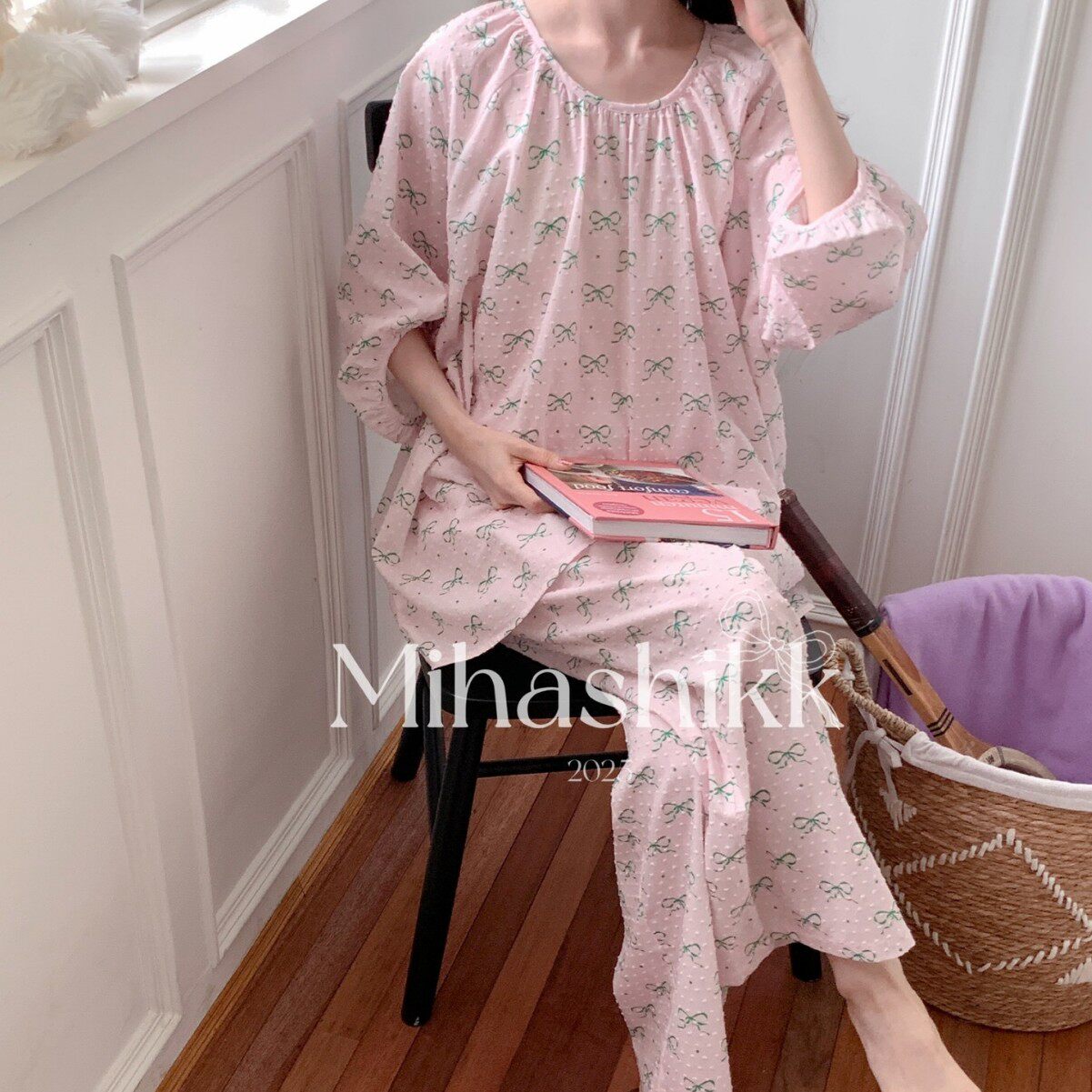 Mihashikk韩国蝴蝶结圆领舒适可爱八分袖长裤睡衣女棉家居服套装