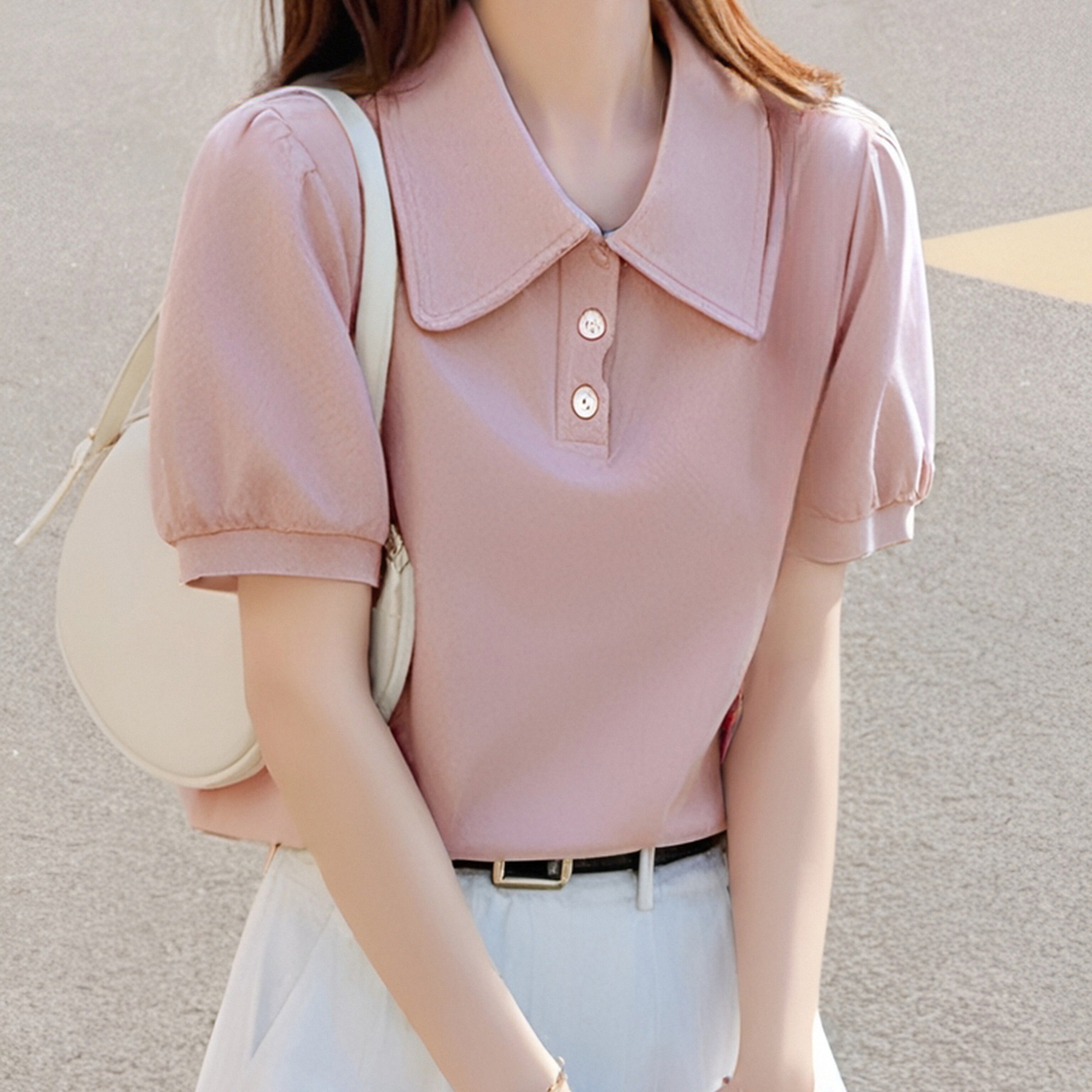 温柔风短袖T恤女上衣夏装大翻领泡泡袖设计感甜美减龄气质polo衫