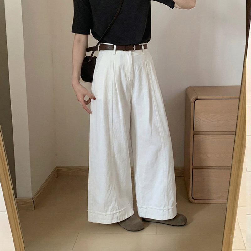 白色阔腿裤女2026春季爆款高腰宽松小个子休闲九分卷边直筒裤子