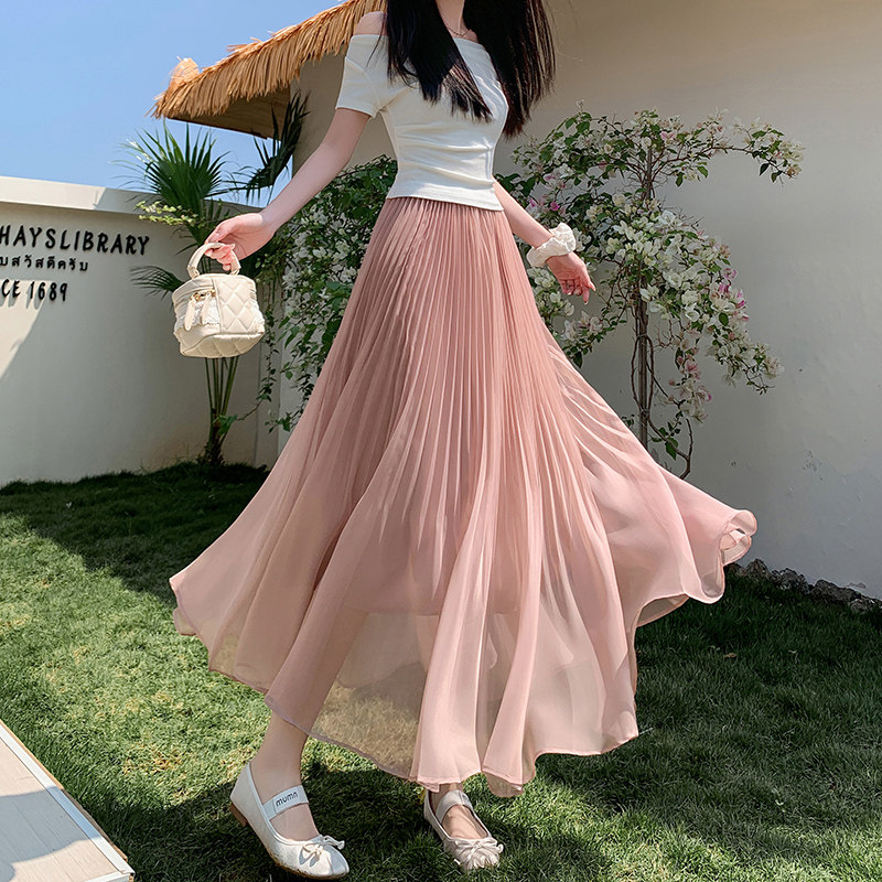 实拍夏新款法式超仙绝美长款半身裙欧根纱a设计感温柔百褶鱼尾裙