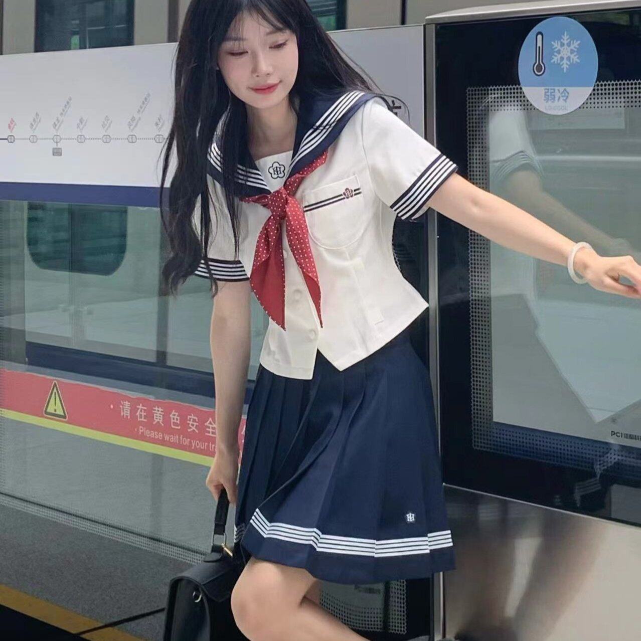 实拍 水玉夏服日系水手领JK制服女套装a字裙学生显瘦