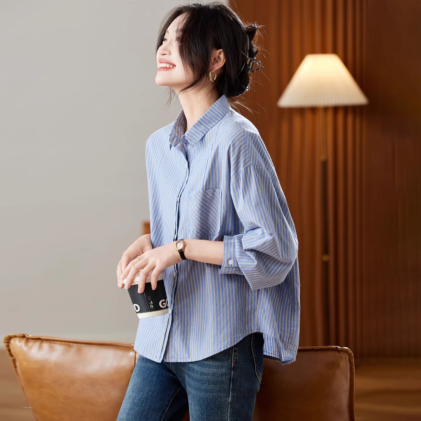 2025秋装新款蓝条纹衬衫女长袖中长款宽松休闲上衣纯棉衬衣