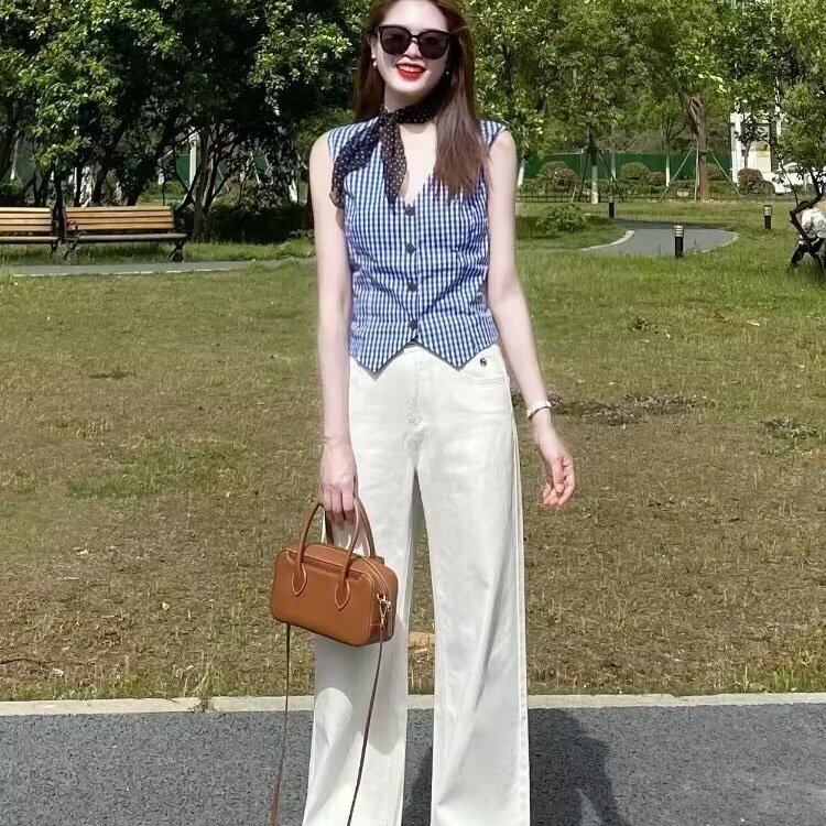 独特超好看气质高级感蓝色格子上衣女装休闲白色直筒裤子套装女