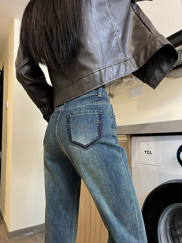 CEMENT GRAY STRAIGHT LEG JEANS WOMENS AUTUMN AND WINTER 2024 HIGH-WAISTED LOOSE THIN SMALL MAN CROPPED FLEECE PIPE PANTS