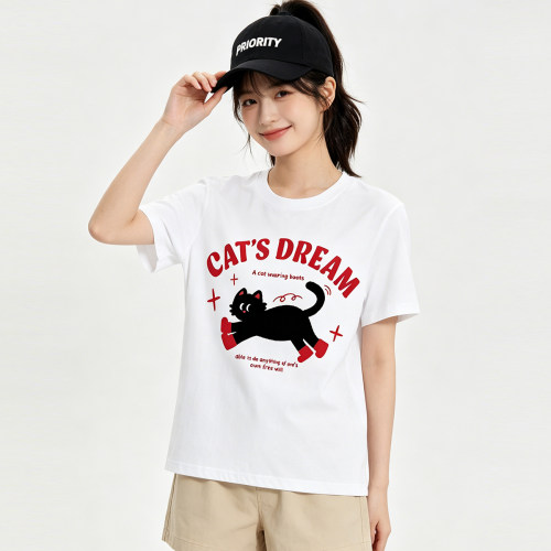 younghoper穿靴子黑猫短袖T恤CAT'S DREAM夏季宽松可爱印花上衣
